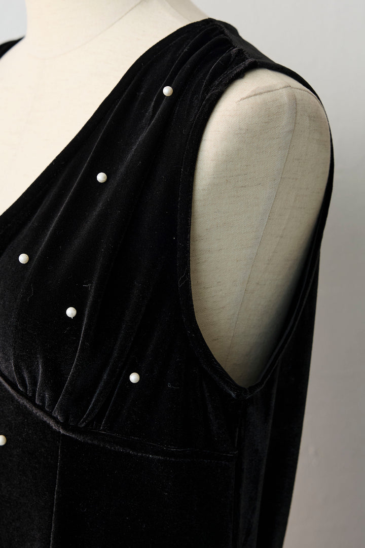 [予約]ベロアパールVネックロングワンピ