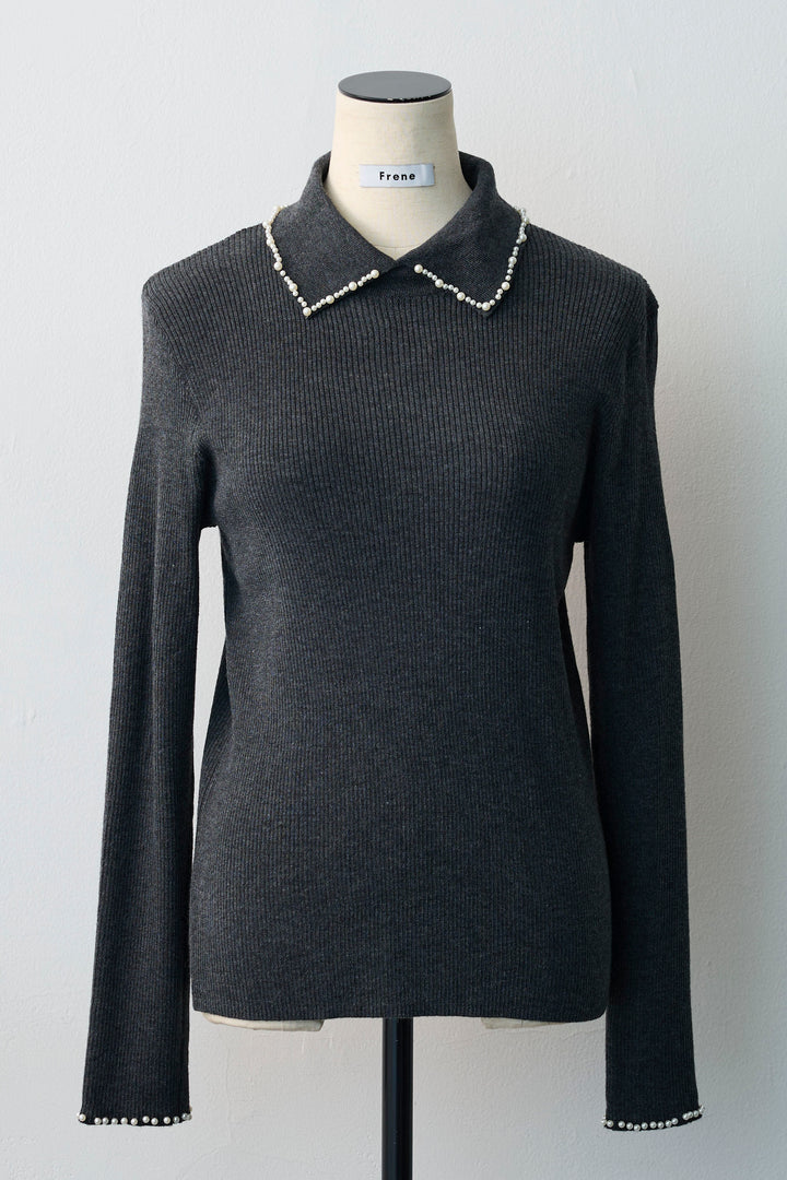 [予約]ビジューパール衿リブニット