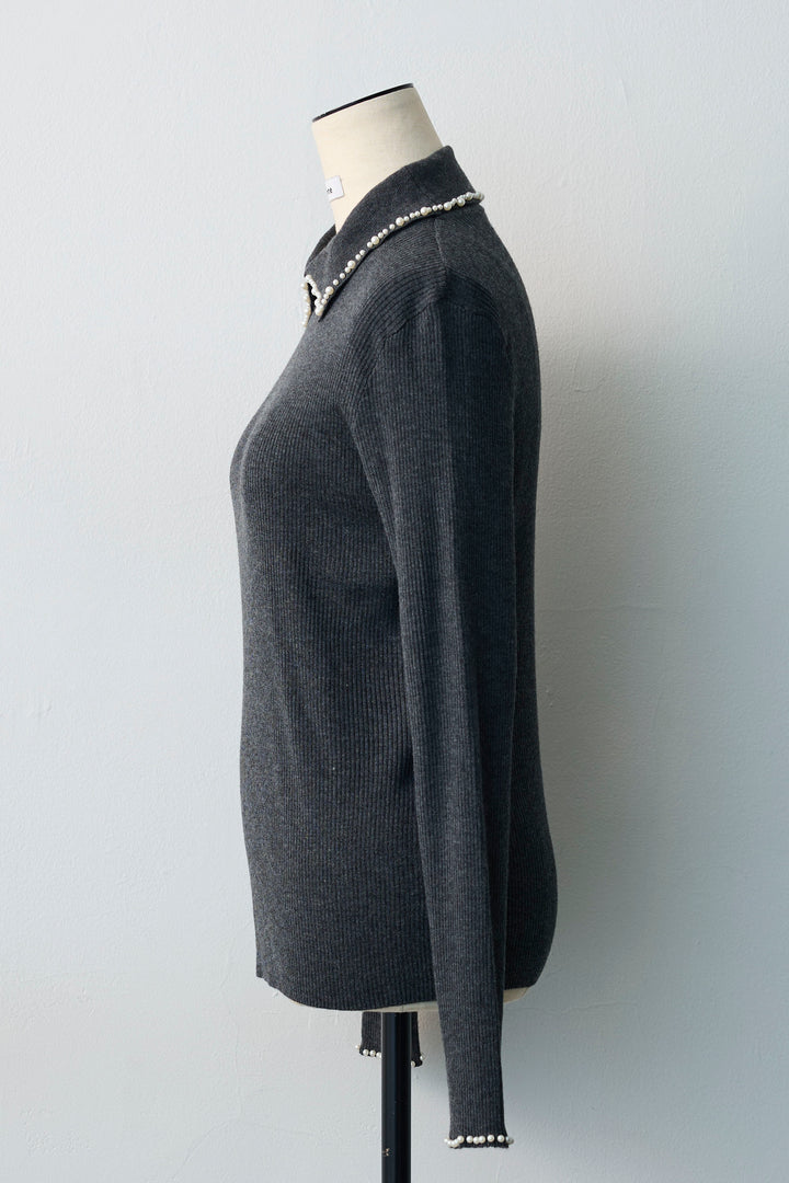 [予約]ビジューパール衿リブニット