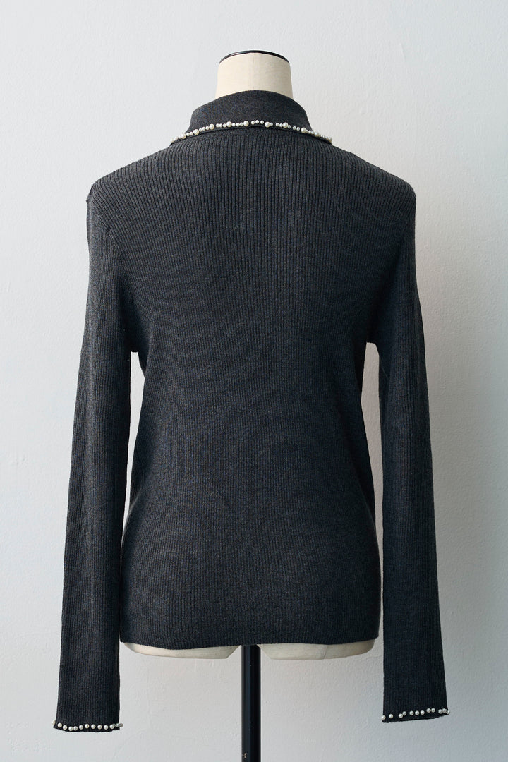 [予約]ビジューパール衿リブニット