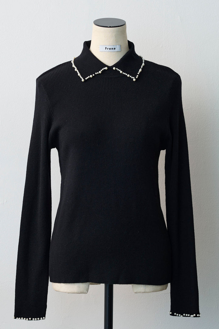 [予約]ビジューパール衿リブニット