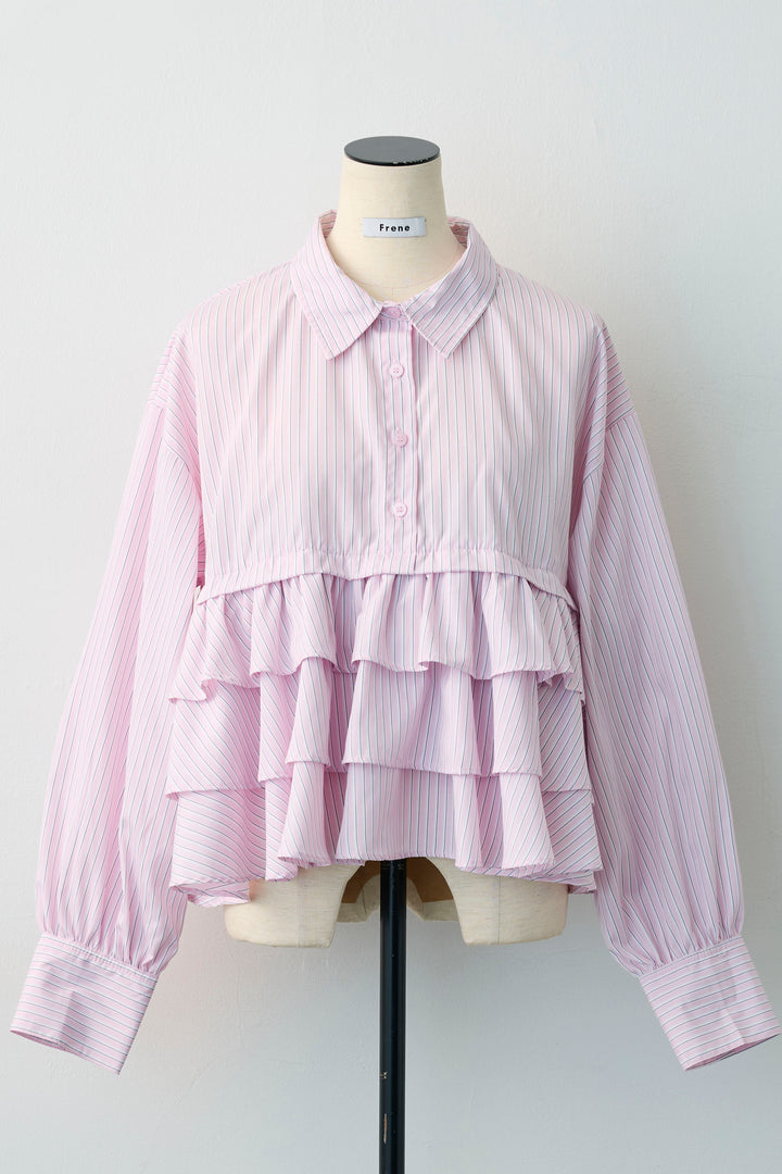 [予約]ストライプティアードフリルクロップドシャツ