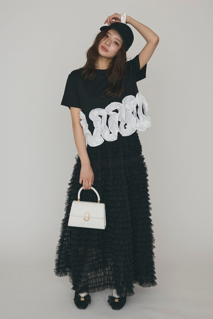[予約/SET]フリルウェーブヘムカットTシャツ+ホイップチュールティアードスカート(2set)