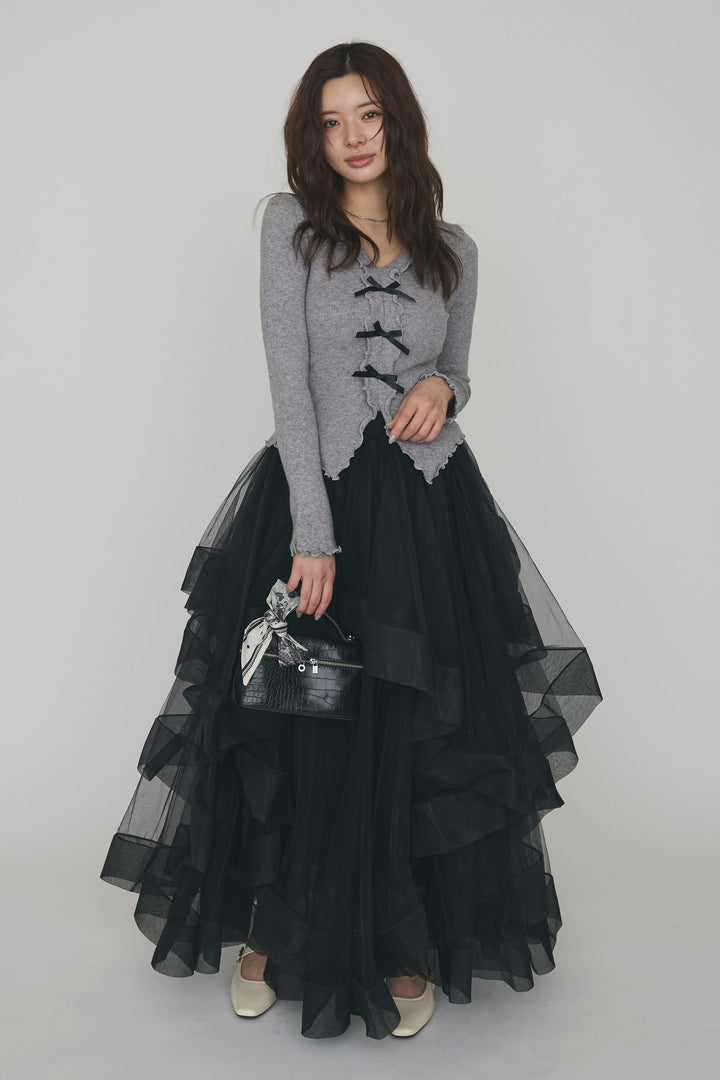 [予約/SET]ミニリボンフリルメロウニットトップス+ランダムフリルティアードボリュームスカート(2set)