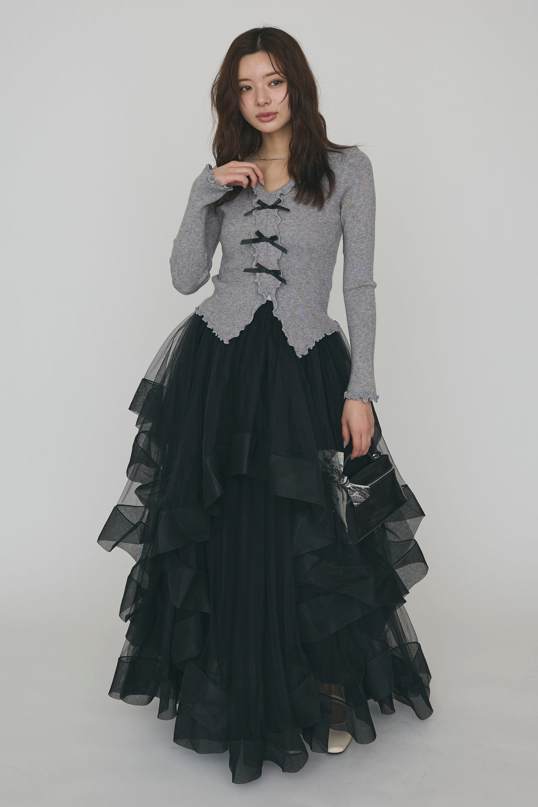 [予約/SET]ミニリボンフリルメロウニットトップス+ランダムフリルティアードボリュームスカート(2set)