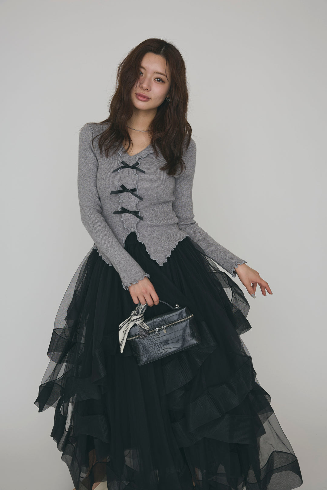 [予約/SET]ミニリボンフリルメロウニットトップス+ランダムフリルティアードボリュームスカート(2set)