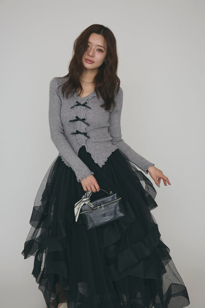 [予約/SET]ミニリボンフリルメロウニットトップス+ランダムフリルティアードボリュームスカート(2set)