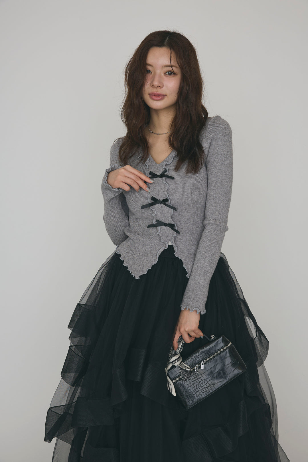 [予約/SET]ミニリボンフリルメロウニットトップス+ランダムフリルティアードボリュームスカート(2set)