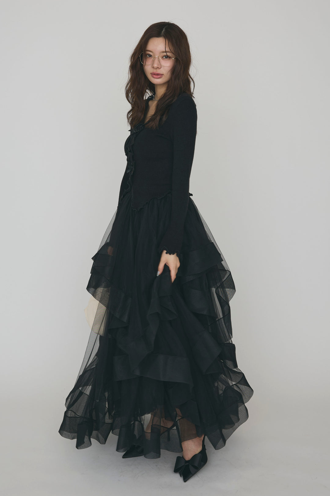 [予約/SET]ミニリボンフリルメロウニットトップス+ランダムフリルティアードボリュームスカート(2set)