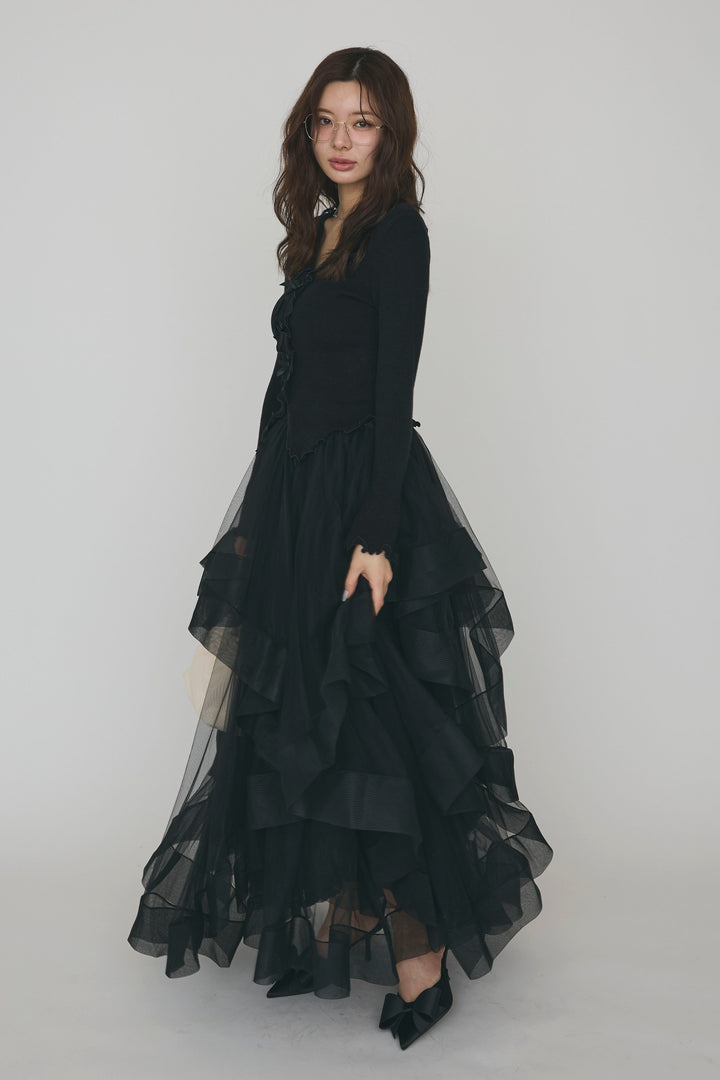 [予約/SET]ミニリボンフリルメロウニットトップス+ランダムフリルティアードボリュームスカート(2set)