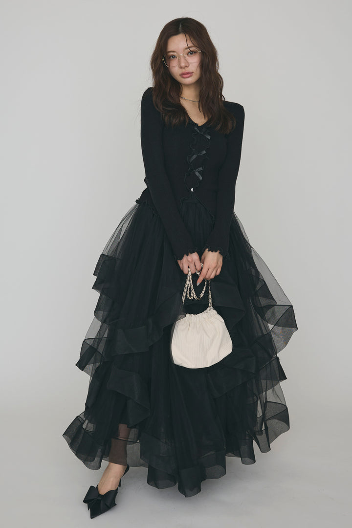 [予約/SET]ミニリボンフリルメロウニットトップス+ランダムフリルティアードボリュームスカート(2set)