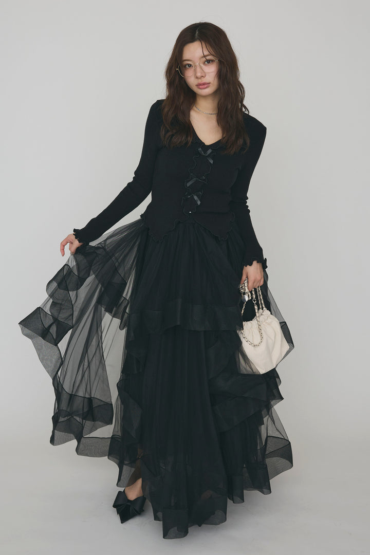 [予約/SET]ミニリボンフリルメロウニットトップス+ランダムフリルティアードボリュームスカート(2set)