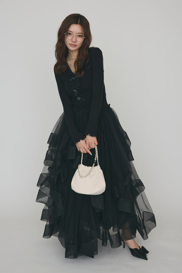 [予約/SET]ミニリボンフリルメロウニットトップス+ランダムフリルティアードボリュームスカート(2set)