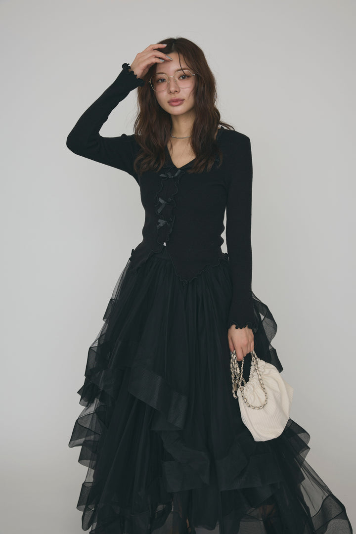 [予約/SET]ミニリボンフリルメロウニットトップス+ランダムフリルティアードボリュームスカート(2set)