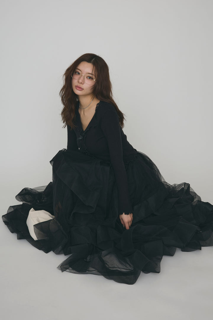 [予約/SET]ミニリボンフリルメロウニットトップス+ランダムフリルティアードボリュームスカート(2set)