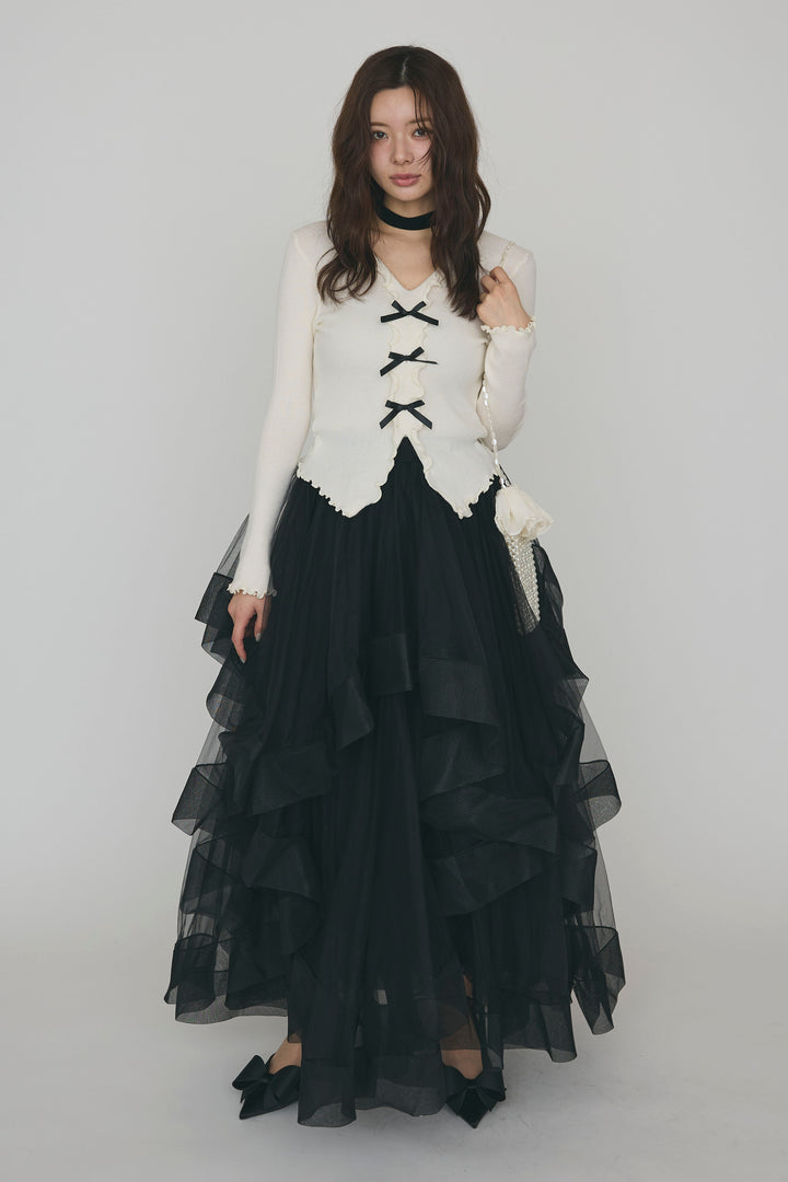 [予約/SET]ミニリボンフリルメロウニットトップス+ランダムフリルティアードボリュームスカート(2set)