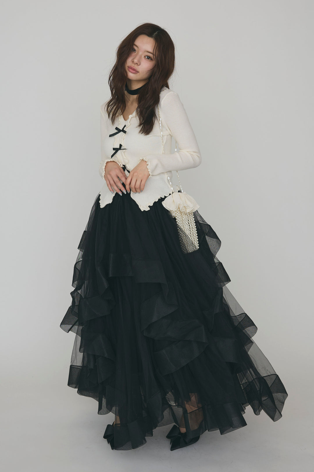 [予約/SET]ミニリボンフリルメロウニットトップス+ランダムフリルティアードボリュームスカート(2set)