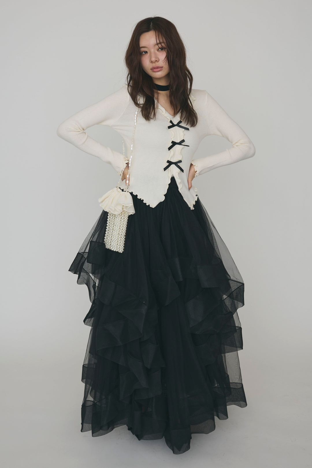 [予約/SET]ミニリボンフリルメロウニットトップス+ランダムフリルティアードボリュームスカート(2set)