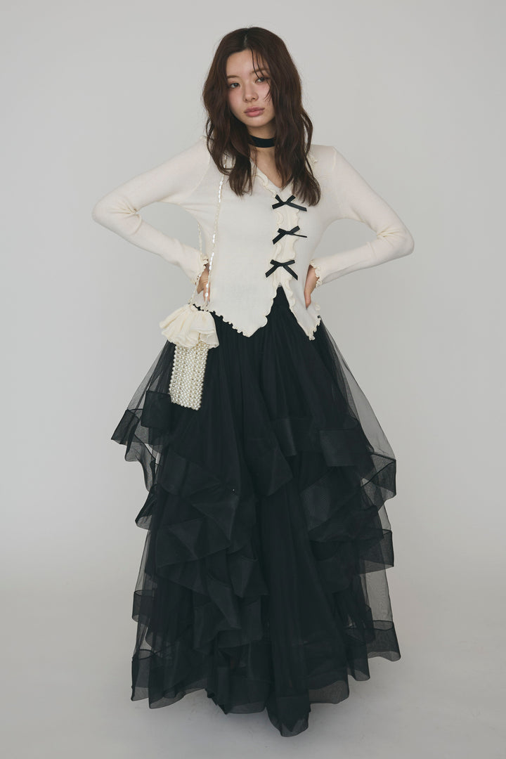 [予約/SET]ミニリボンフリルメロウニットトップス+ランダムフリルティアードボリュームスカート(2set)