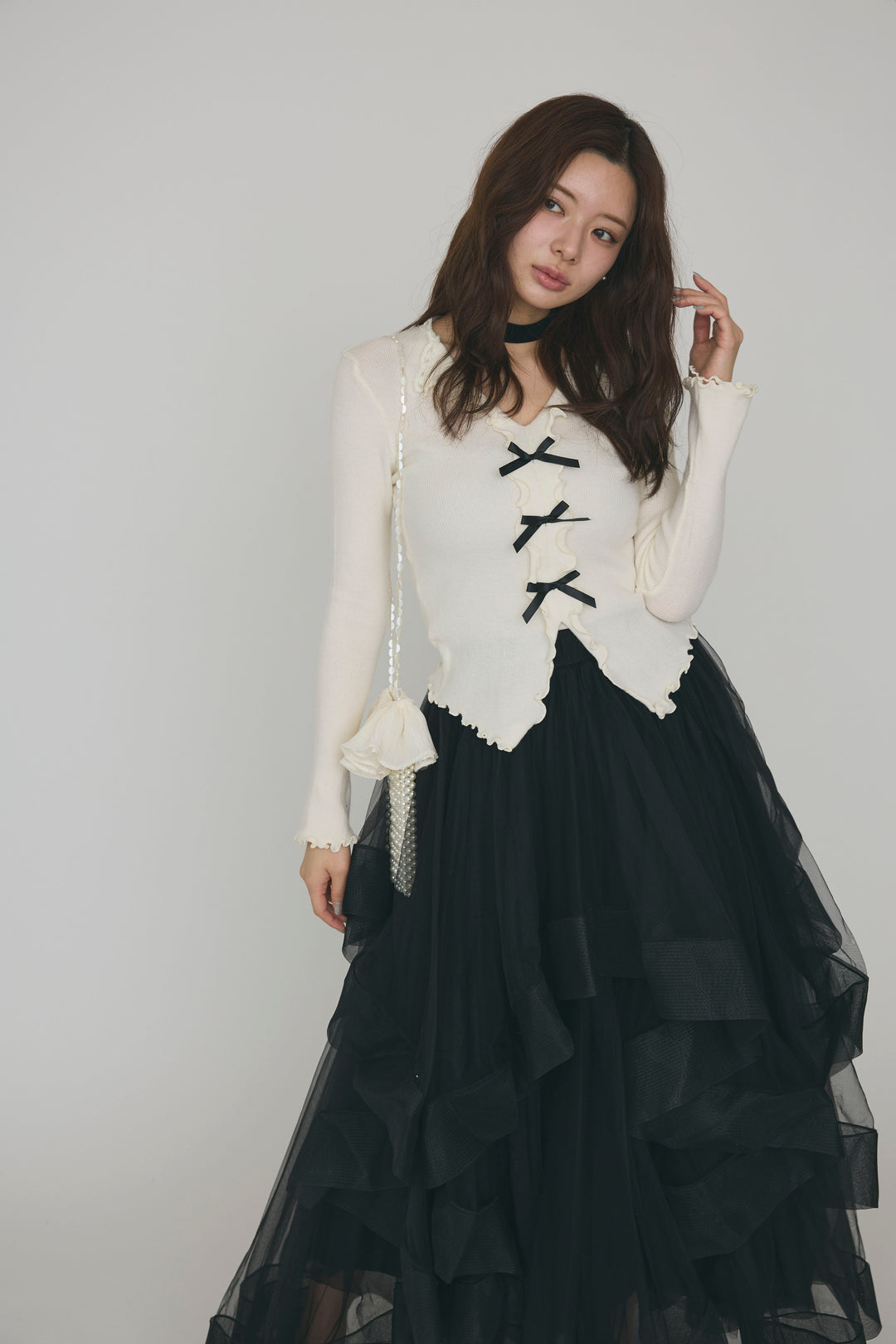 [予約/SET]ミニリボンフリルメロウニットトップス+ランダムフリルティアードボリュームスカート(2set)