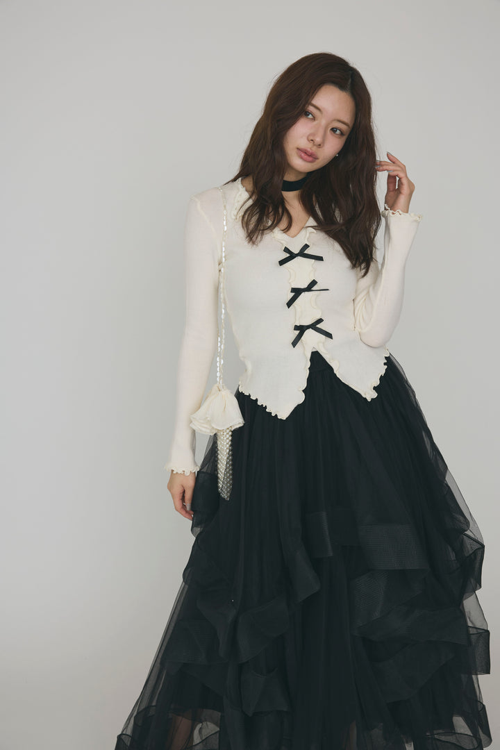 [予約/SET]ミニリボンフリルメロウニットトップス+ランダムフリルティアードボリュームスカート(2set)