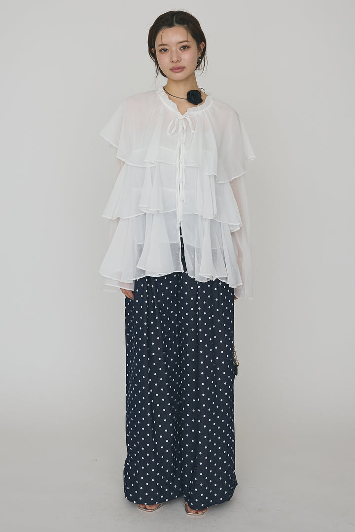 [予約/SET]エアリーシフォンティアードブラウス+ハイウエストドットデニムパンツ(2set)