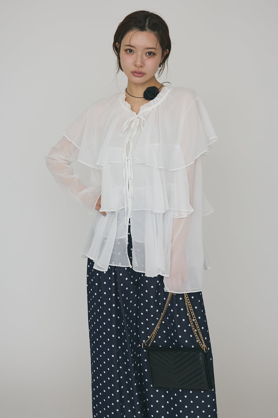 [予約/SET]エアリーシフォンティアードブラウス+ハイウエストドットデニムパンツ(2set)