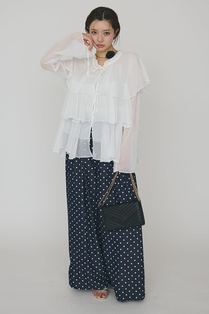 [予約/SET]エアリーシフォンティアードブラウス+ハイウエストドットデニムパンツ(2set)