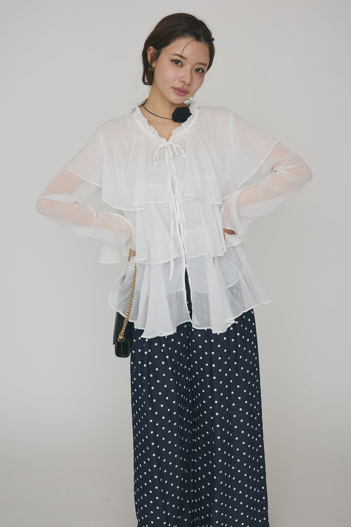 [予約/SET]エアリーシフォンティアードブラウス+ハイウエストドットデニムパンツ(2set)