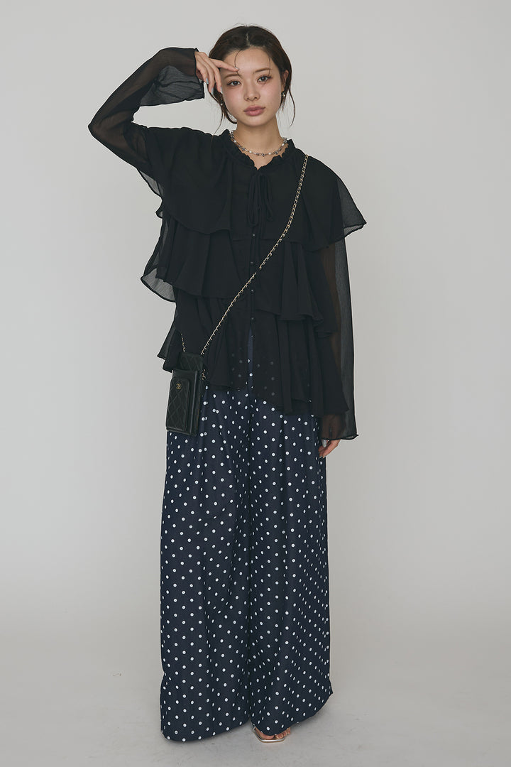 [予約/SET]エアリーシフォンティアードブラウス+ハイウエストドットデニムパンツ(2set)