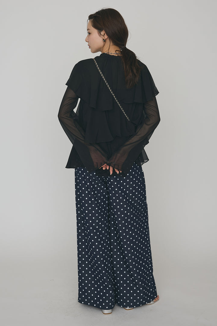 [予約/SET]エアリーシフォンティアードブラウス+ハイウエストドットデニムパンツ(2set)