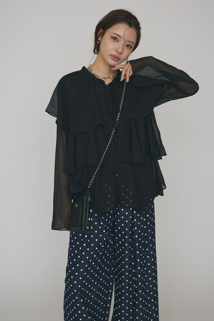 [予約/SET]エアリーシフォンティアードブラウス+ハイウエストドットデニムパンツ(2set)