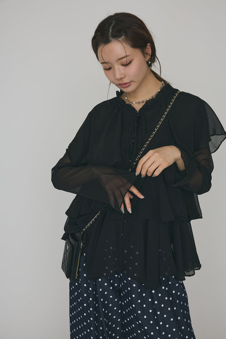 [予約/SET]エアリーシフォンティアードブラウス+ハイウエストドットデニムパンツ(2set)