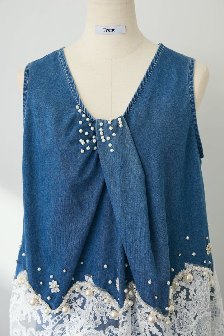 [予約]レースデコラティブパールデニムセットアップ