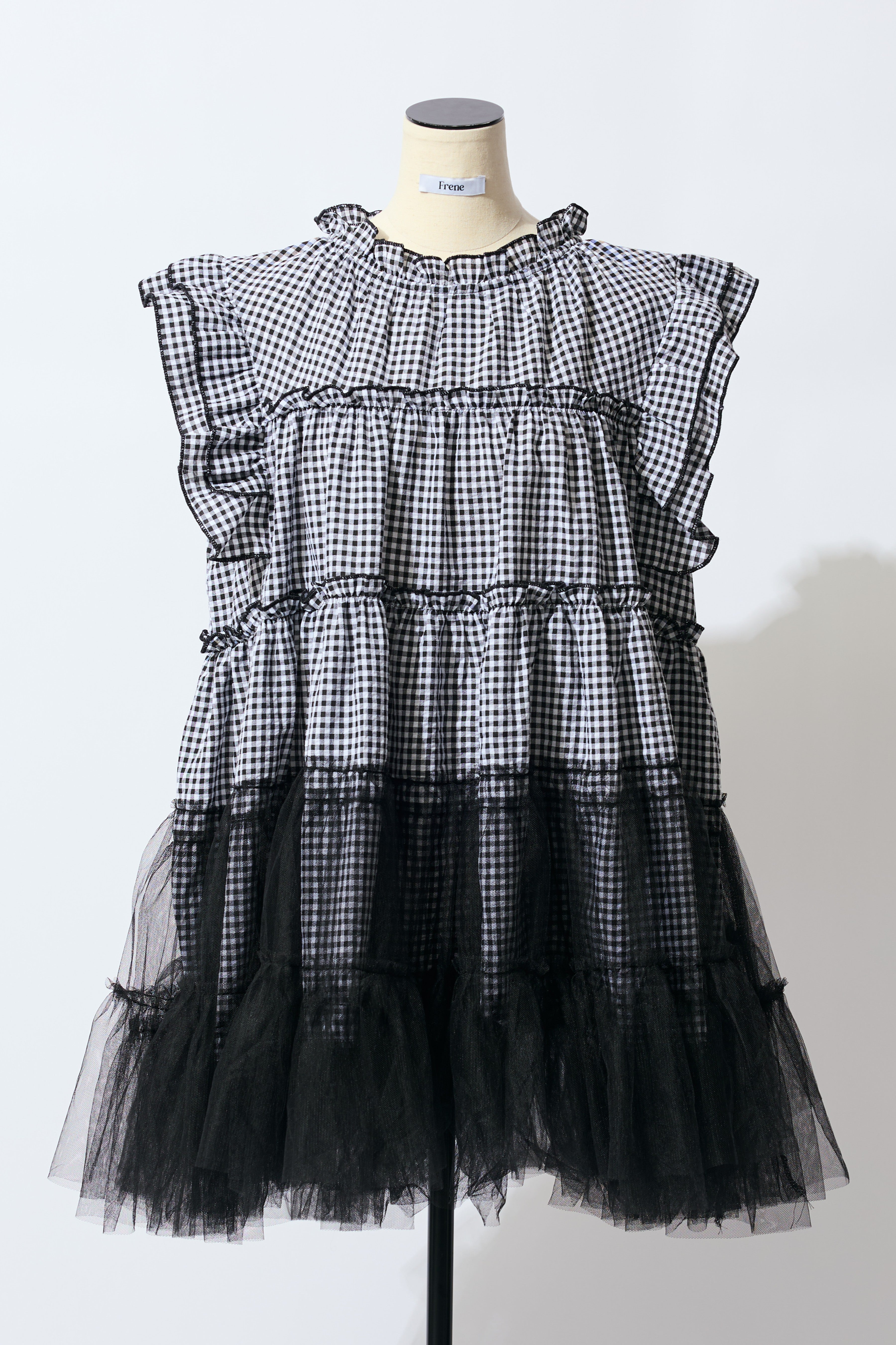 M'sグレイシー 黒白ギンガムチェック チュニック サイズ40(ML) M'S GRACY エムズグレイシー ギンガムチェック 花柄ワンピース 黒白