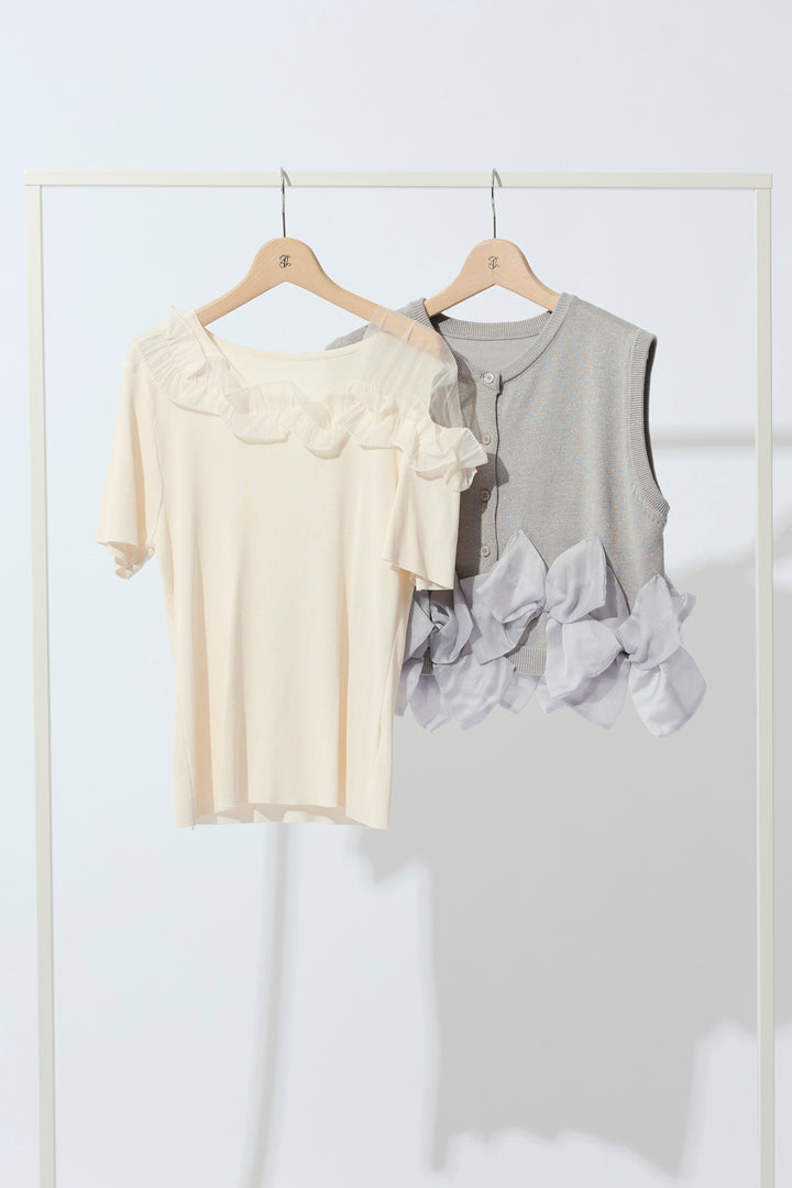 [予約/SET]シースルー×フリルドッキングトップス+ヘムオーガンジーリボンスリーブレスニット(2set)