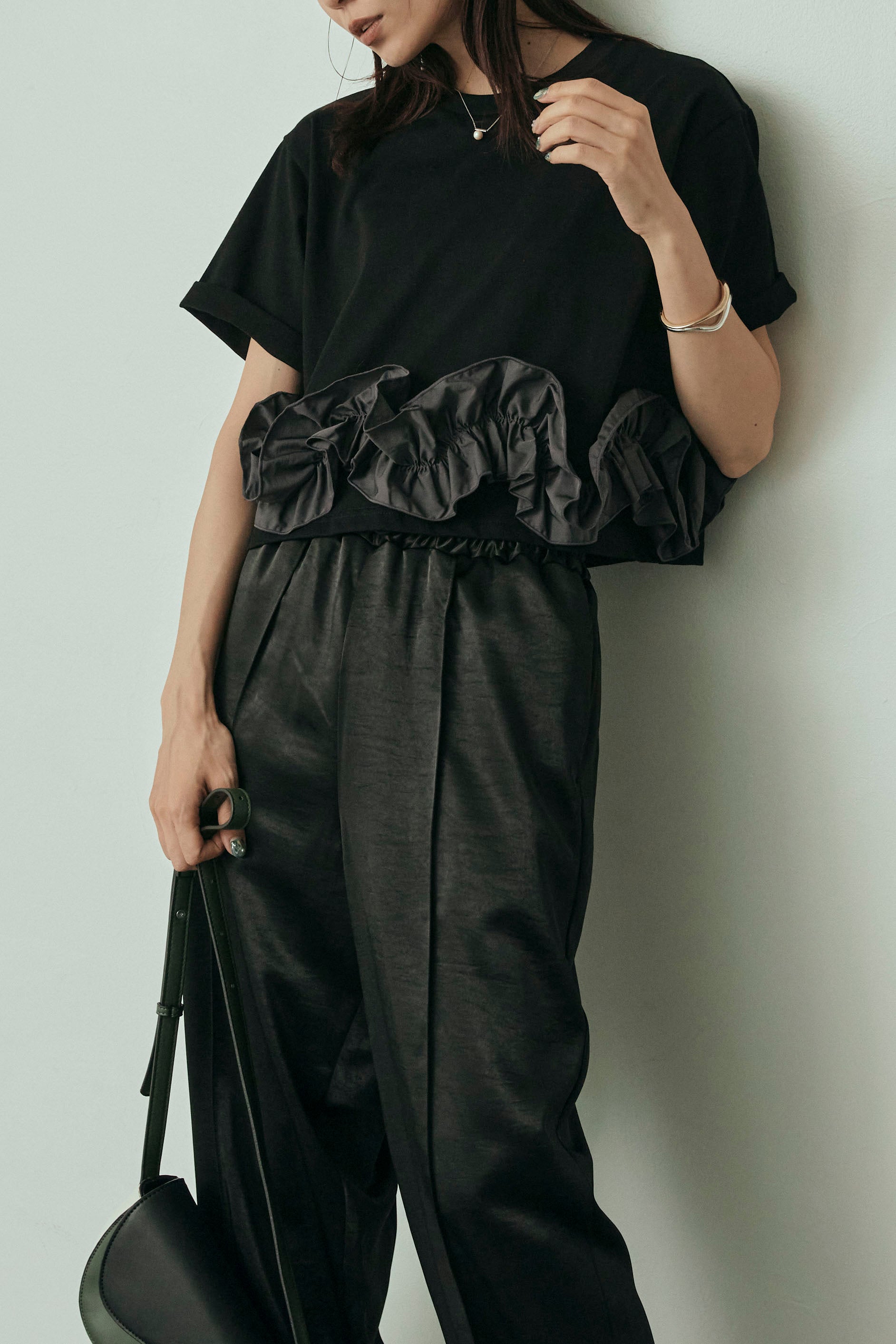 チュールヘムドッキングTシャツ　ブラック　frene 予約]チュールヘムドッキングTシャツ – Frene
