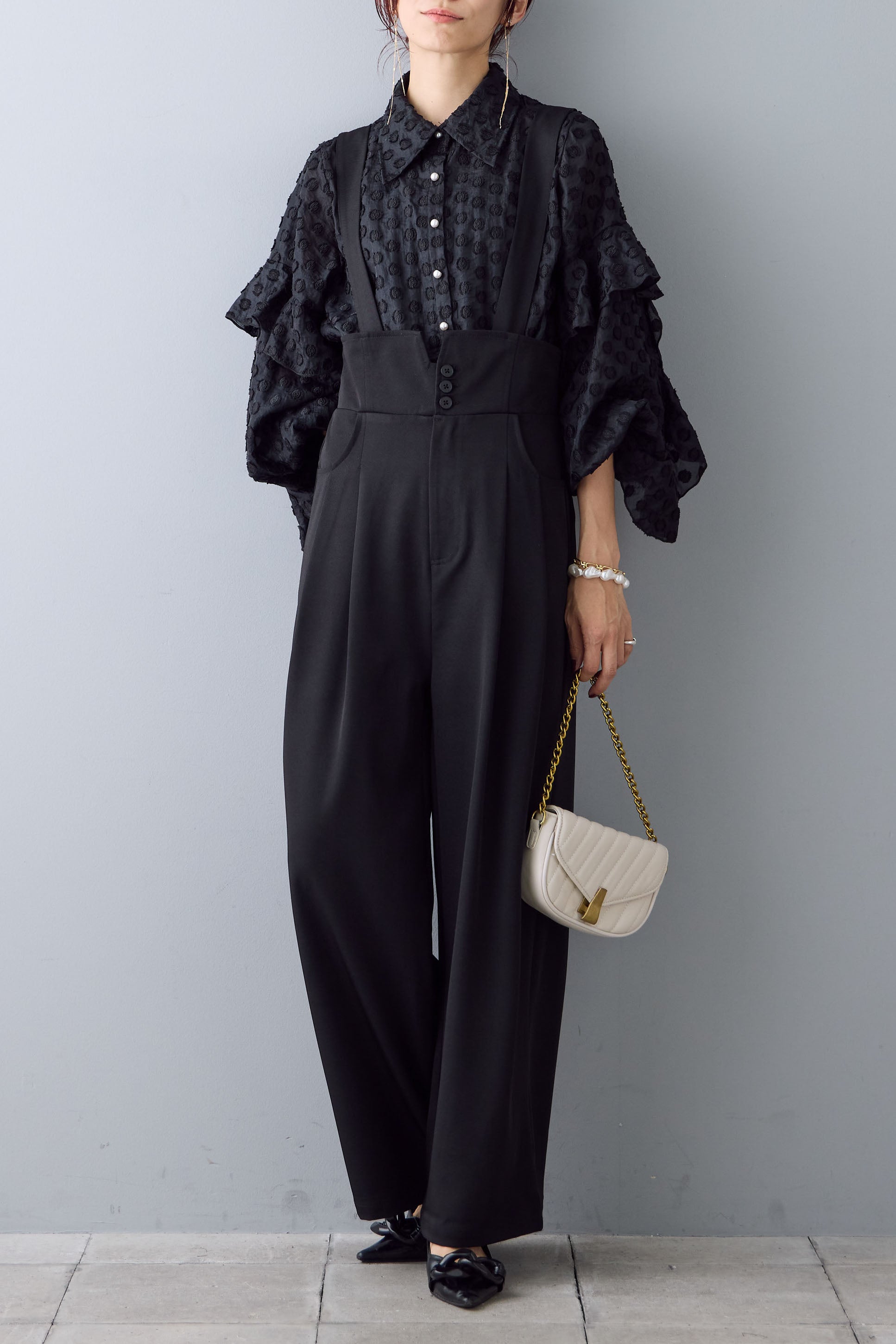 ドットブラウス　フリル　チュニック　　ピンクベージュ系　★タグ付★ セール】big collar frill blouse / 付け襟風ビッグカラーフリル