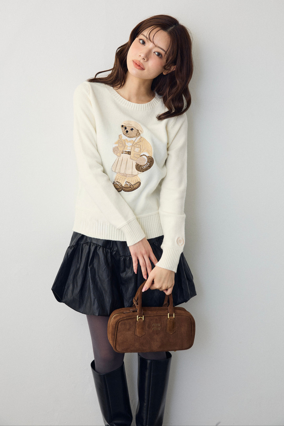 [予約/SET]モチーフベアニットプルオーバー+フェイクレザーティアードバルーンミニスカート(2set)