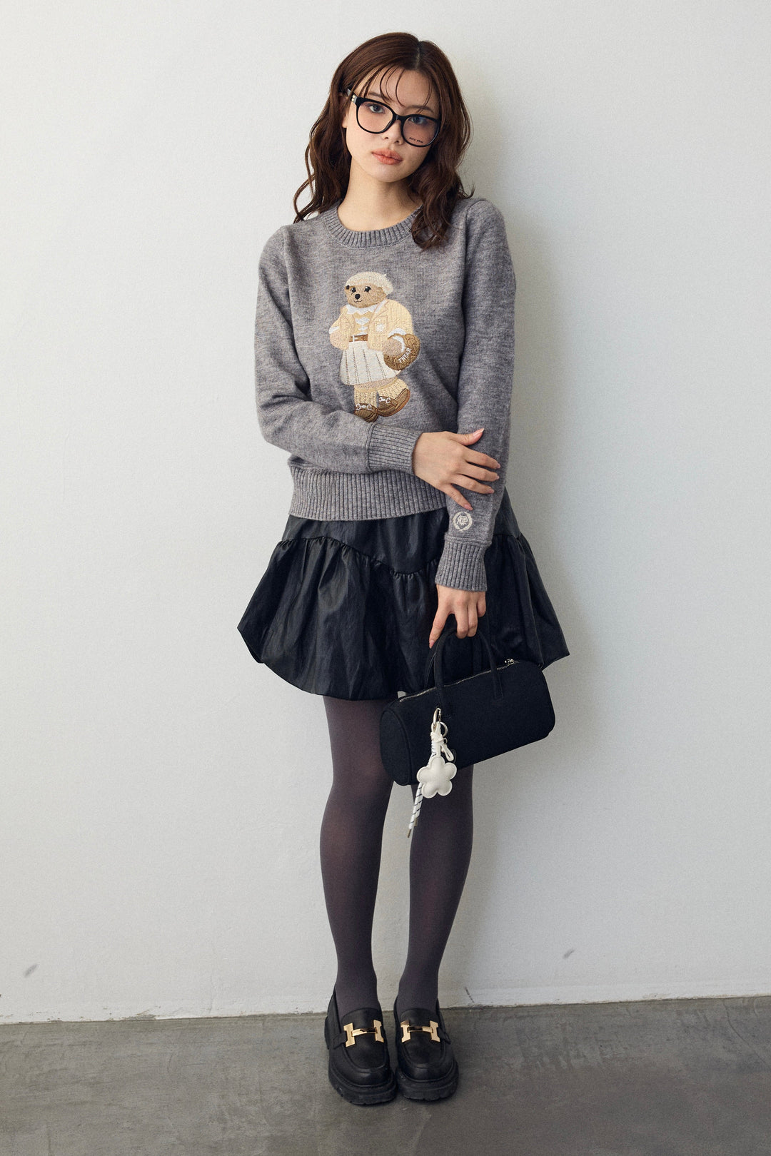 [予約/SET]モチーフベアニットプルオーバー+フェイクレザーティアードバルーンミニスカート(2set)