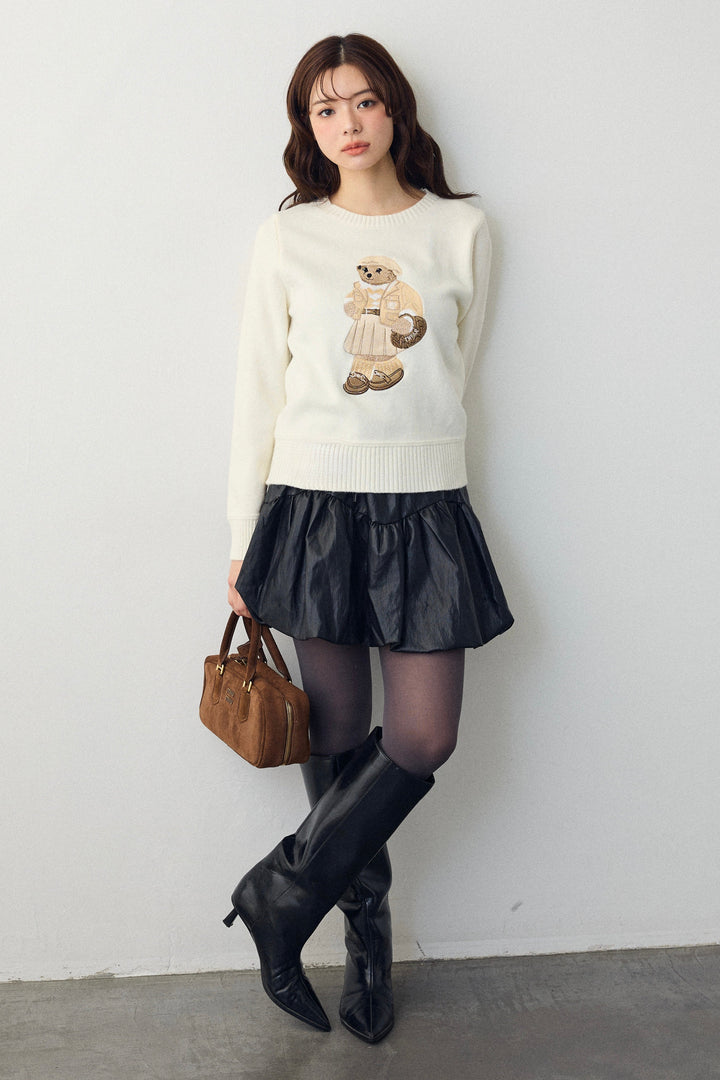 [予約/SET]モチーフベアニットプルオーバー+フェイクレザーティアードバルーンミニスカート(2set)