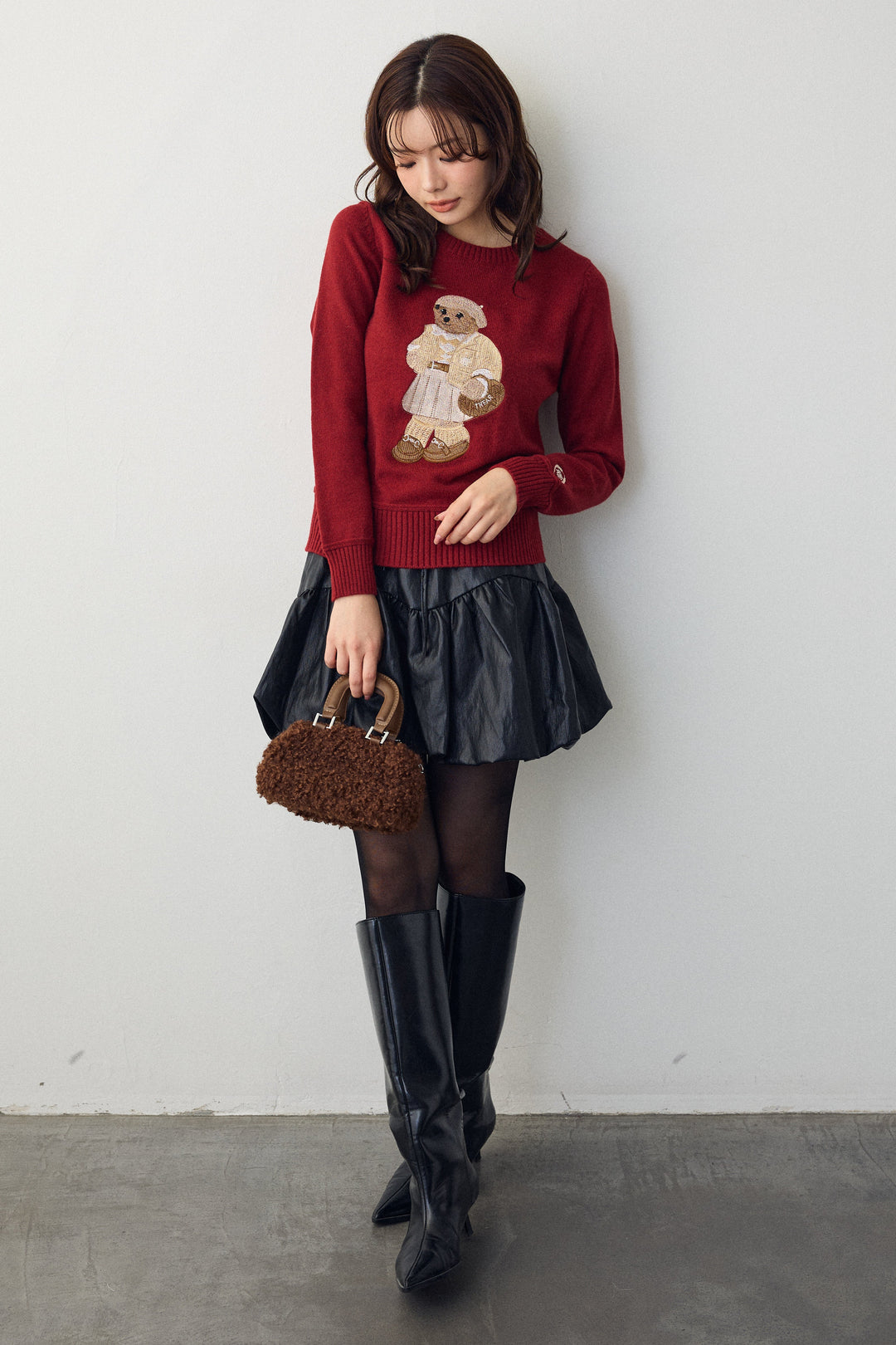 [予約/SET]モチーフベアニットプルオーバー+フェイクレザーティアードバルーンミニスカート(2set)