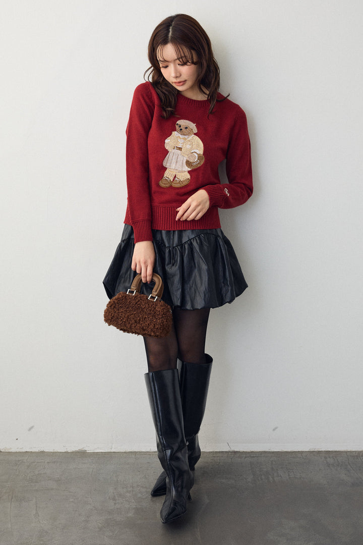 [予約/SET]モチーフベアニットプルオーバー+フェイクレザーティアードバルーンミニスカート(2set)