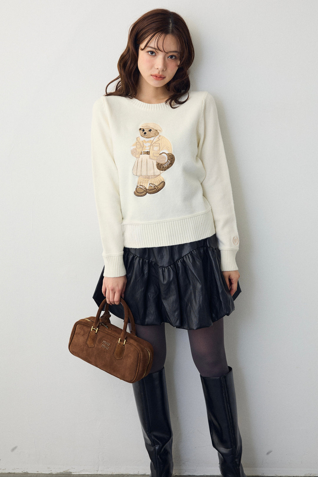 [予約/SET]モチーフベアニットプルオーバー+フェイクレザーティアードバルーンミニスカート(2set)