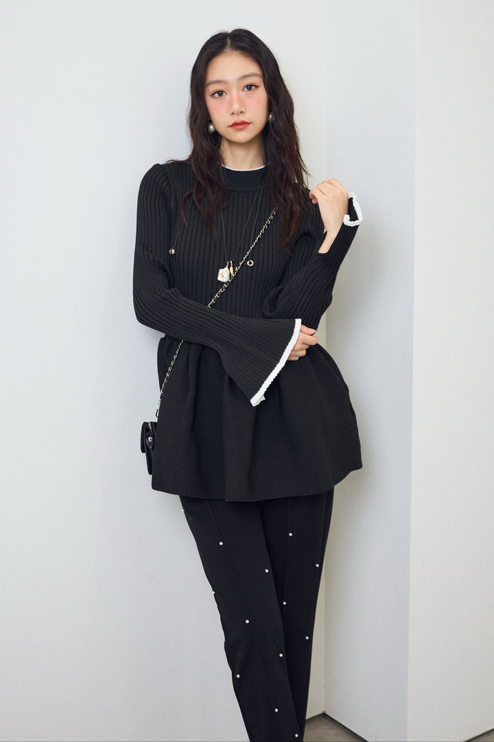 [予約/SET]リブフレア配色スリーブペプラムニット+センターシームランダムパールパンツ(2set)