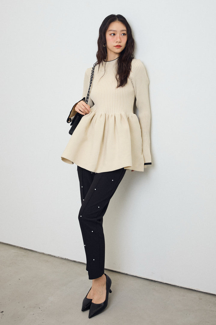 [予約/SET]リブフレア配色スリーブペプラムニット+センターシームランダムパールパンツ(2set)