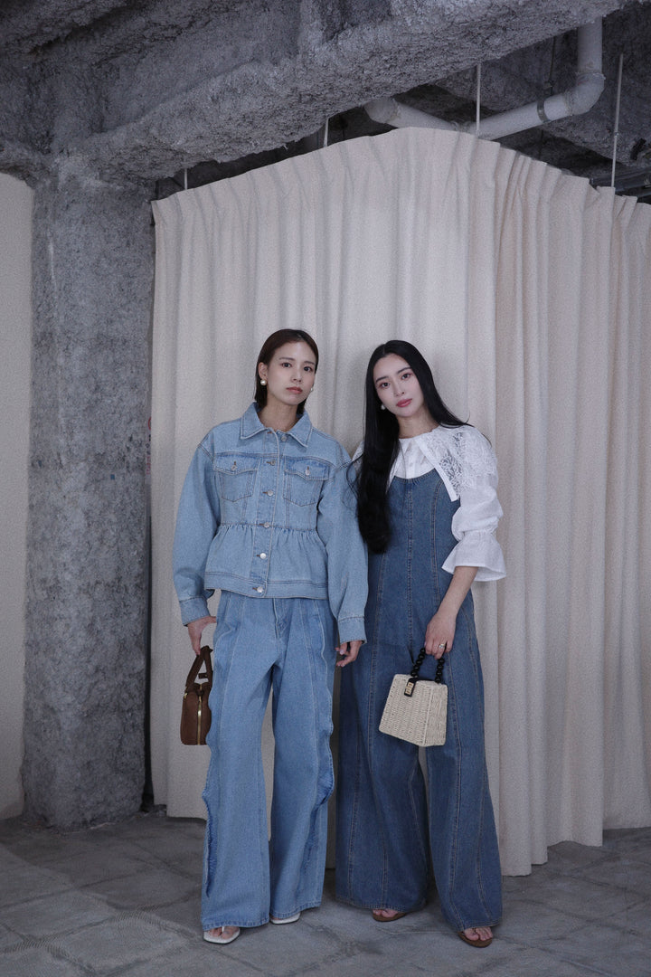 [予約/SET]ペプラムデニムジャケット+フリルウェーブデニムパンツ(2set)