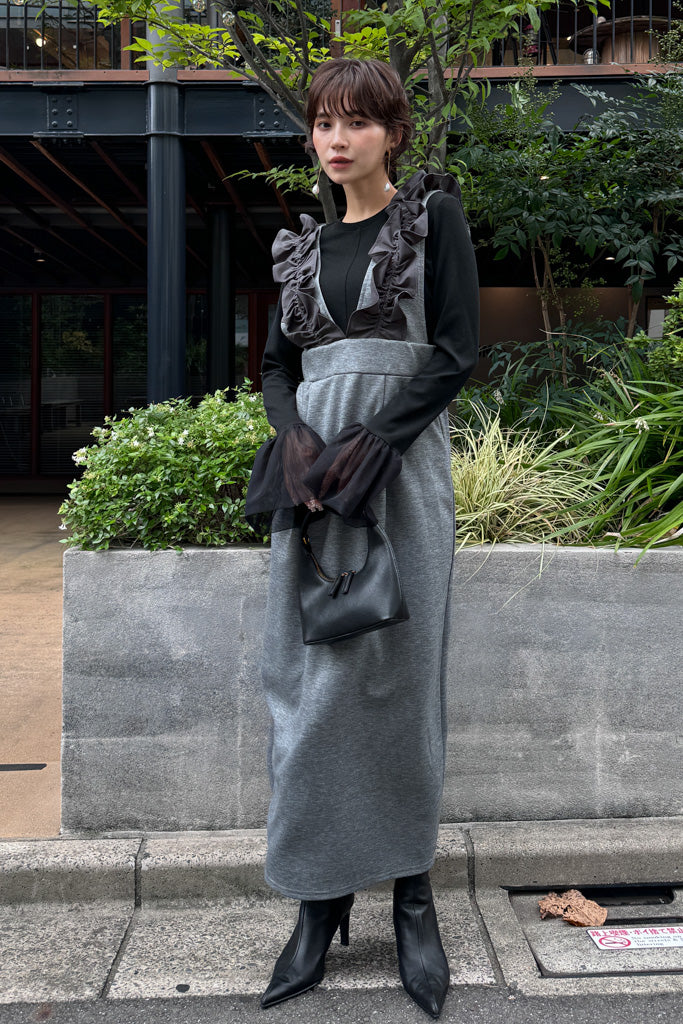 予約/SET]チュールシアーカフスリブニット+異素材フリルショルダー