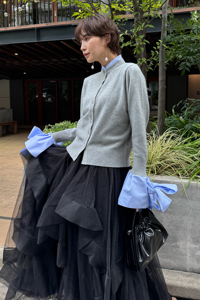 予約/SET]ヘムリボンデザインショートカーデ+BIGリボンカフスデザイン