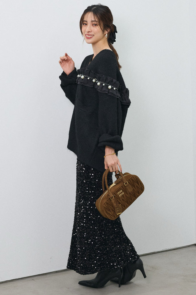 [予約/SET]フリルパールドッキングニットコーディガン+スパンコールシャイニースカート(2set)